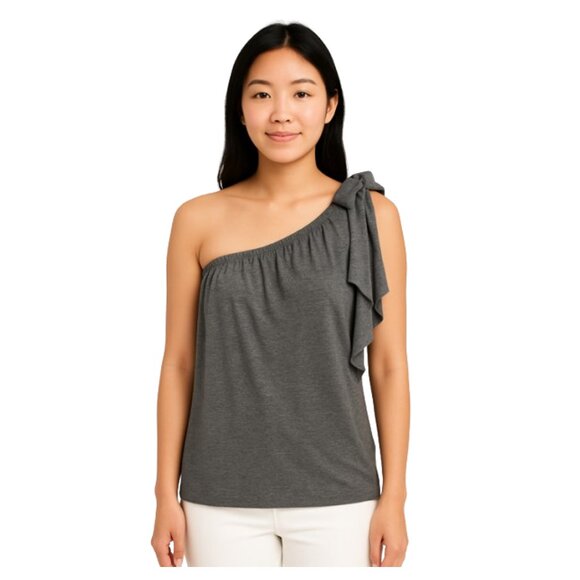 One-Shoulder Draped Ruffle Top w/ Bow Tie – Soft Charcoal Jersey - Picture 1 of 10